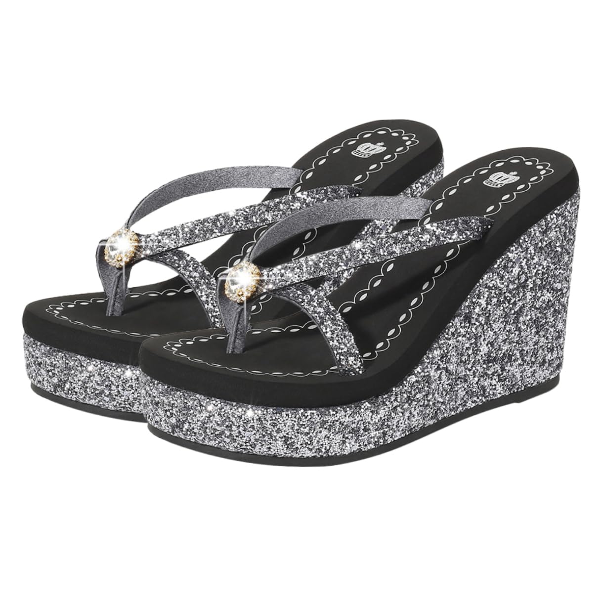 FRCOLOR Sandali Donna Estivi Tacchi Alto Design Fashion in Pelle Microfibra e Cowhells, Comodi per Soggiorno e Camera da Letto, Infradito Paillettes e Diamanti Neri