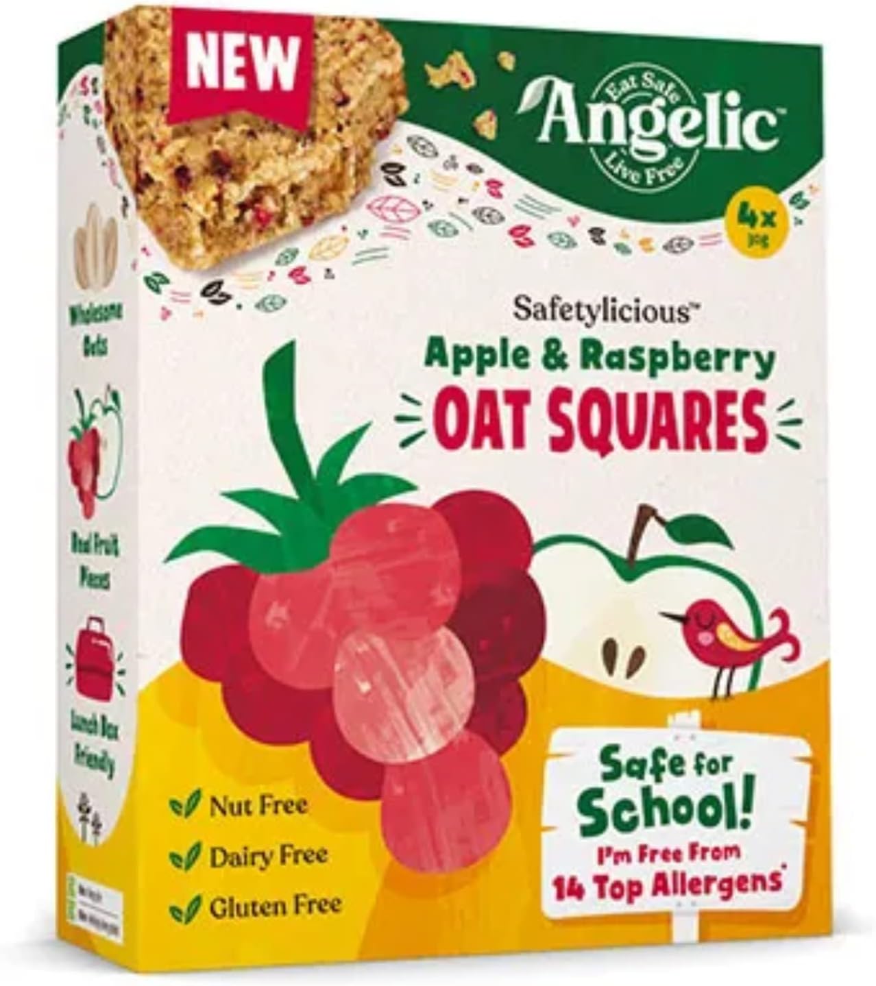Angelic Free From 24 Bars Pack Apple & Raspberry Oat Squares. Vegan Allergen Free Kids Snack Oat Bars For Snacks & Lunch Box. Nut, Gluten, Egg & Dairy Free Multipack Kids Snacks Bars. (24 Bars x 30g)