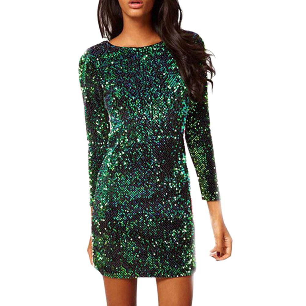 LAEMILIASexy Women Sequin Bodycon Mini Party Dress Crewneck Long Sleeve Shimmer Glam Sparkly Glitter Cocktail Pencil Dress