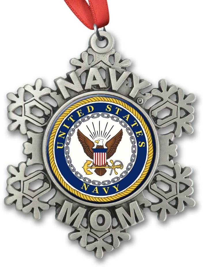 Indiana Metal Craft US Navy MOM Snowflake Pewter Christmas Ornament with Navy Crest Made in USA