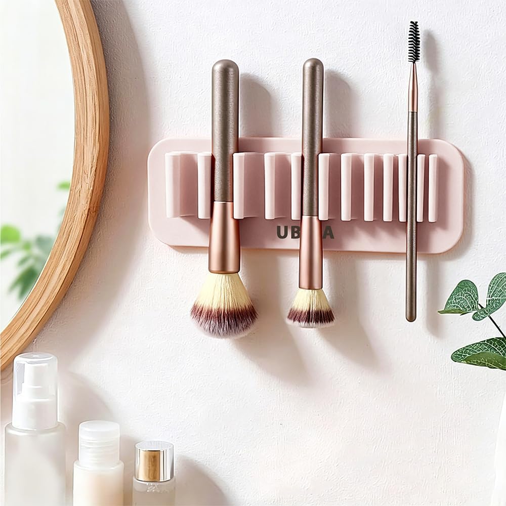 Makeup Brush Organizer, Wall-Mounted Silicone Cosmetic Tool Storage Holder, Hanging Makeup Brushes Drying Rack with Suction Cup, Pink