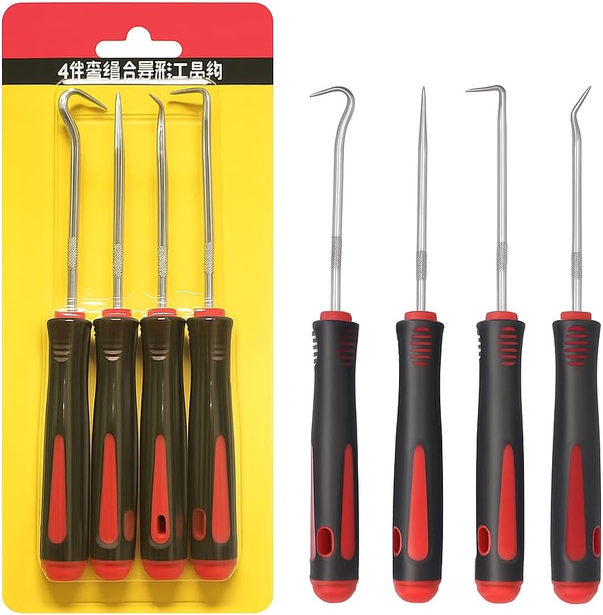 4 PCS Precision Pick and Hook Set, Heavy Duty Pick Set Mechanic Tools with Non-Slip Handle, for Automotive, O-Ring, Seal, Gasket Removal– Blue/Yellow/Red (Red)