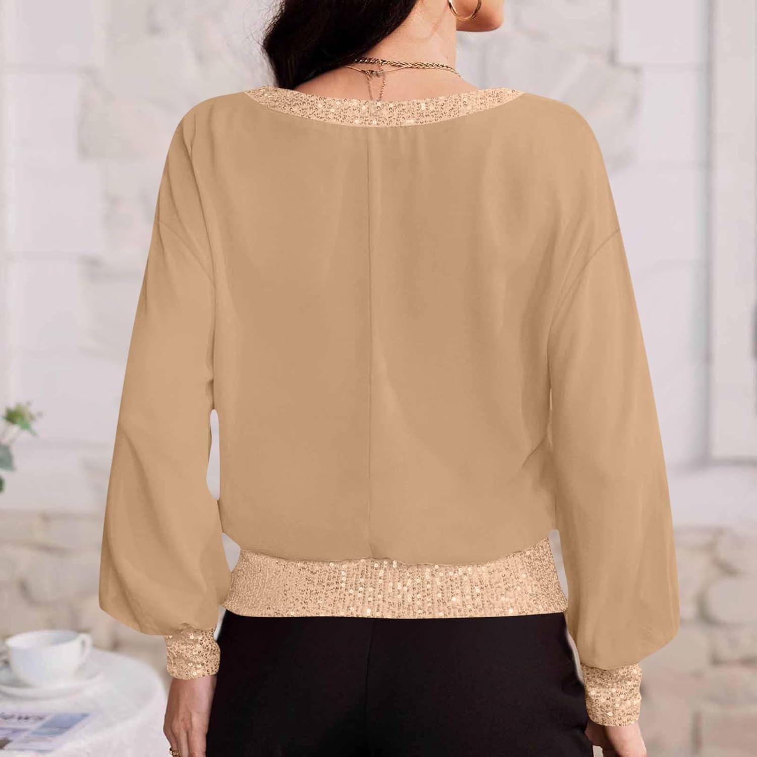 Long Sleeve Going Out Tops for Women Sequin Patchwork Top Spring Dressy Casual Blouses Loose Fit Crew Neck Tshirt