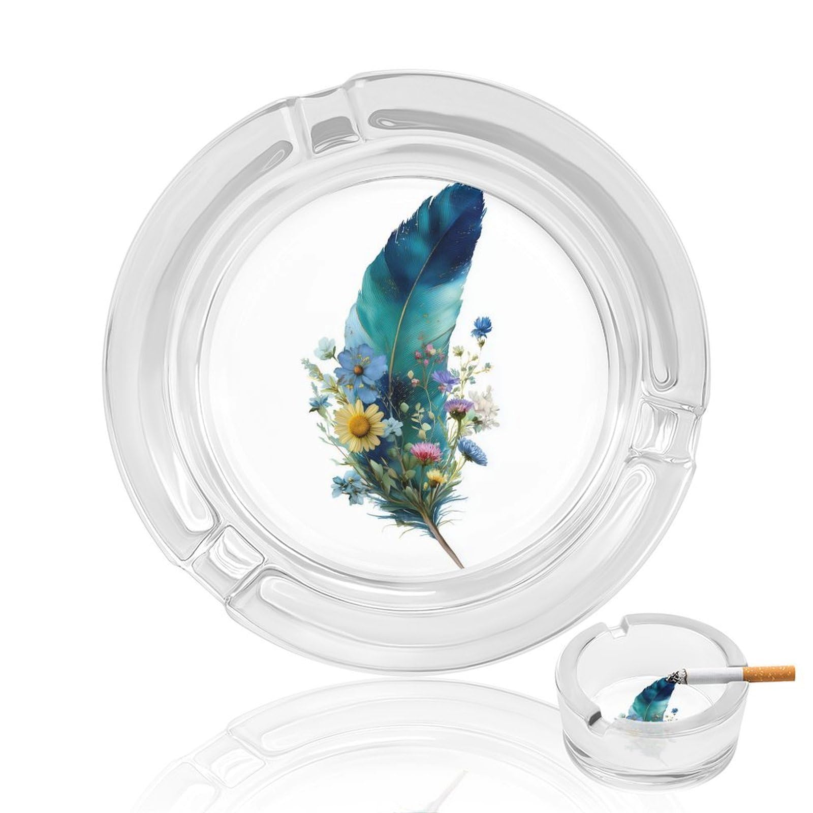 Watercolor Feather with Wildflowers Glass Ashtray for Cigarettes Portable Decorative Ash Trays for Home Office Decor