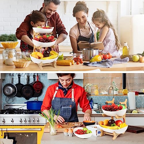 Foto von Fruchtkuchen Stehen, Mehrstöckiger Keramik-Obstkübel Küche Ablagekorb Arbeitsplatte Dekoschalen 3 Stöckig Obstschale Obstkorb Etagere mit Hölzernen Ständern für Küchendekoration Gemüse Obst Snacks