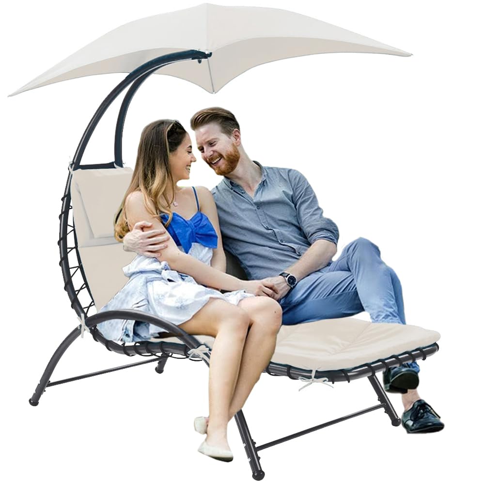 BAKAJI Lettino Sdraio Sospeso da Esterno con Cuscino Imbottito, Poltrona Amaca da Giardino Curva, Seduta Ergonomica e Ombrellone Parasole, Ideale per Patio, Balcone, Terrazzo (Beige)