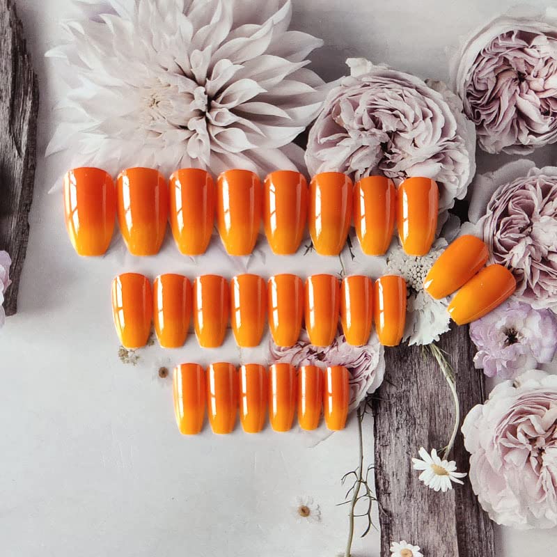 Miniatura 3 de EALGA-LT115 - Uñas postizas de ataúd de color naranja quemado para mujer, uñas postizas a presión color naranja degradado amarillo degradado para