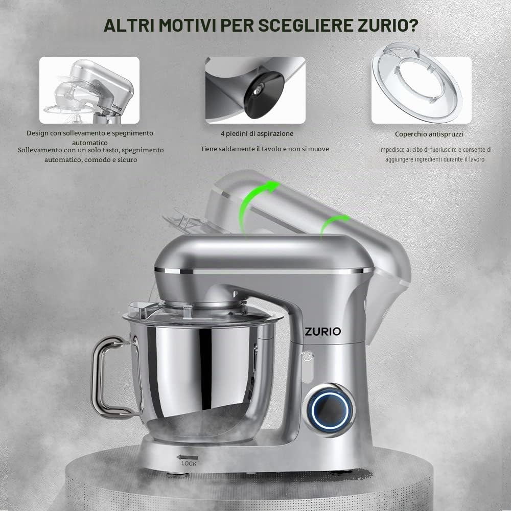 Impastatrice Planetaria, Zurio 5.5L Multifunzione Robot Impastare, 1300W Portable 10 Velocità con Uncino Impastatore, Mescolatore, Frusta Sbattitric