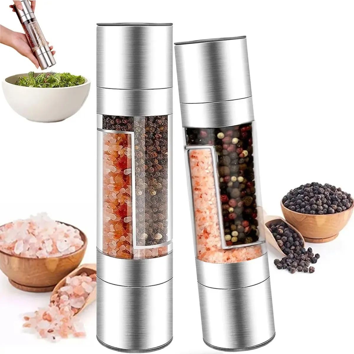 Kit 2 Moedores de Pimenta e Sal Grosso 2 em 1 Triturador Manual Aço Inox | Conjunto 2