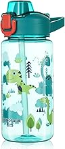 flintronic Botella de Agua Niños y Niñas, Niños Botellas Agua, Botella de Agua Pajita para Infantil, Sin BPA, Sin Fugas, Reutilizable, 600ml, Plástico -dinosaurio azul