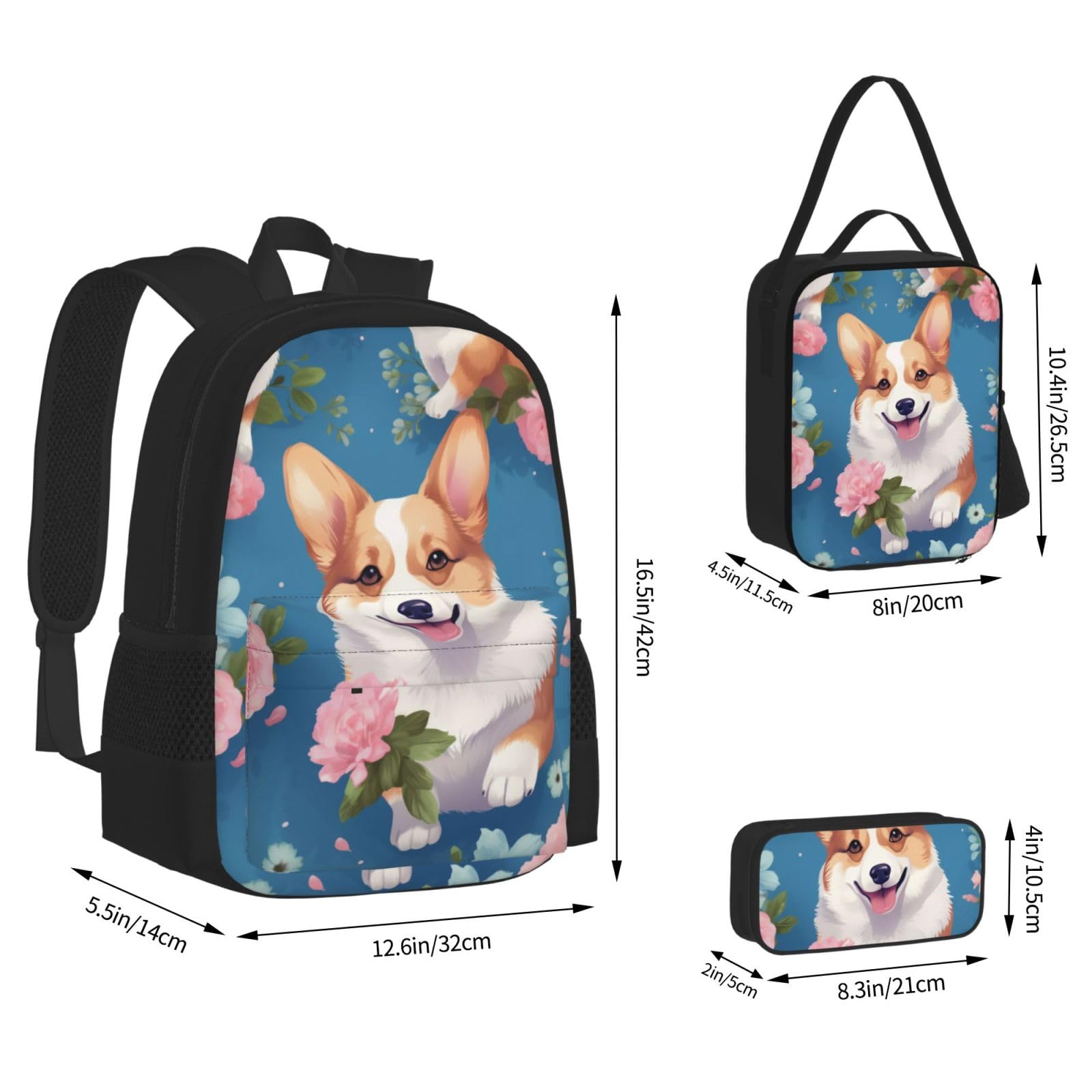 Corgi - Set di 3 zaini per computer portatile, motivo floreale, con borsa termica per il pranzo e organizer per lavoro