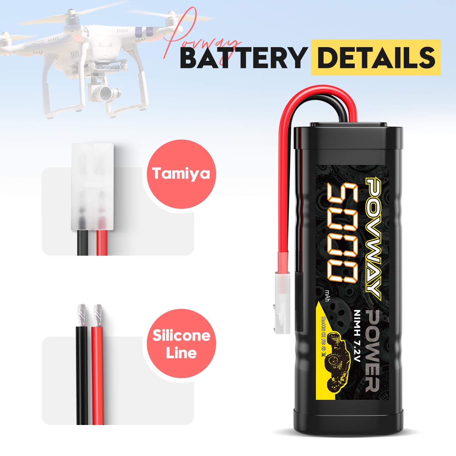 Batería NiMH 7.2V 1800mAh Para RC – Conexión Tamiya, Voltz VZ0010, Recargable, Alta Capacidad Para Vehículos Y Drones