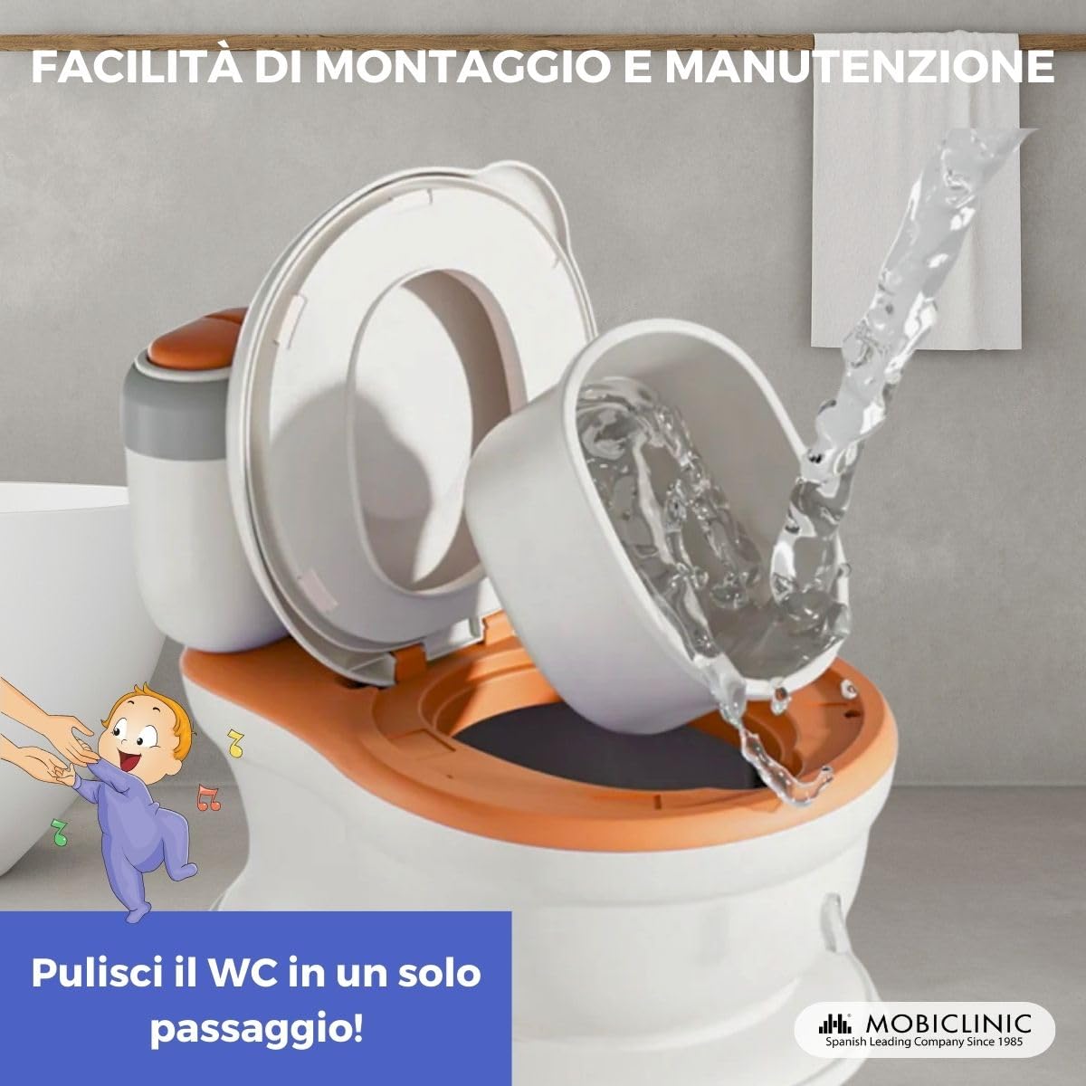 Mobiclinic® kids, Vasino, Toikid, Età 1-3 anni, Con coperchio, Risciacquo acustico, Scomparto per la carta igienica, Funzionamento a batteria, Secchio rimovibile, Sedile impermeabile (arancione)