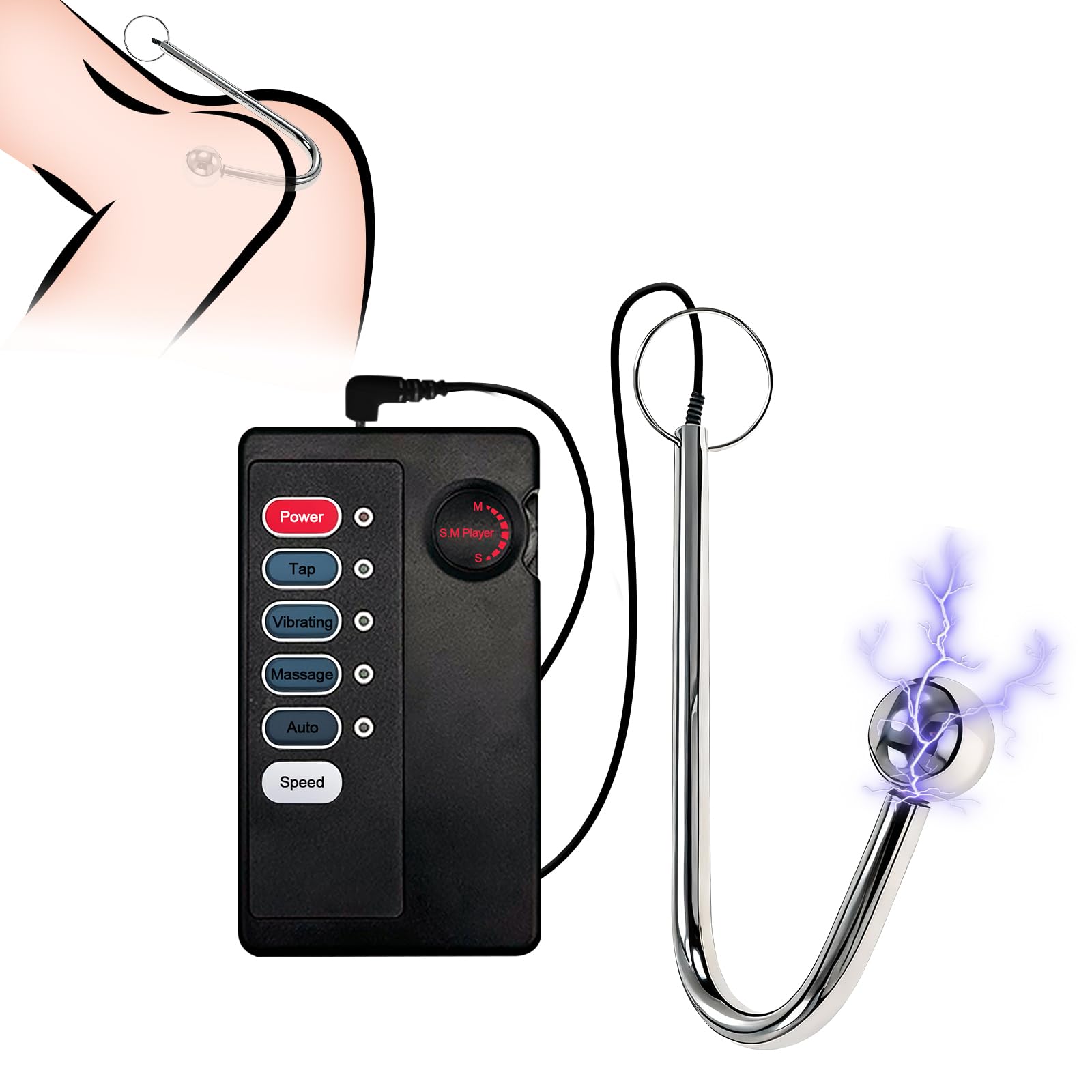 Electric Shock Anal Hook Stainless Steel Prostate Massage Vibrating Anal Hook Plug with Adjustable Current Levels Metal Butt