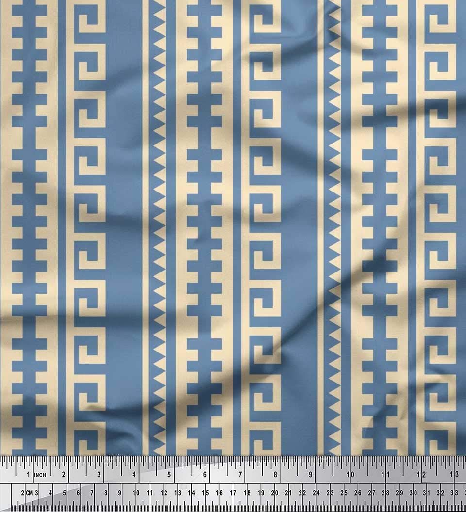Soimoi Blue Polyester Crepe Fabric Greek Key Geometric Print Fabric by The Meter 42 Inch Wide