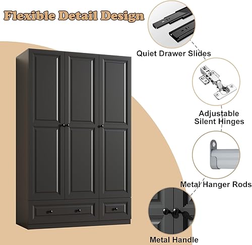 Miniatura 5 de Armario Armario con cajones: Armario de madera alto negro de 74 pulgadas para colgar ropa, Armarios grandes para dormitorio con 2 cajones, armario