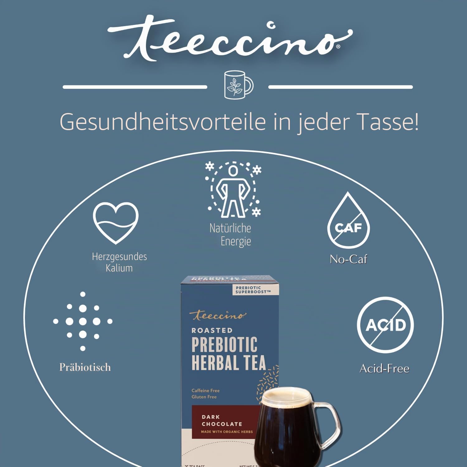 Teeccino Zartbitterschokolade - Präbiotischer Superschub - Kräutertee - Unterstützen Sie Ihre Probiotika mit Präbiotika für eine gute Darmgesundheit und Regelmäßigkeit, 25 Teebeutel