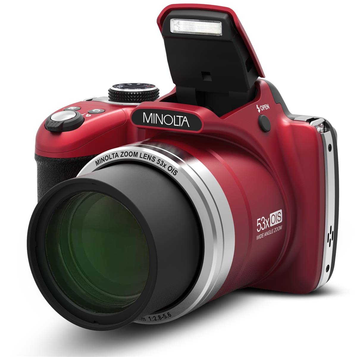 Minolta Pro Shot 16 Mega Pixel HD Digital Camera with 53x Optical Zoom, Full 1080p HD Video & 16GB SD Card, MN53Z, Red