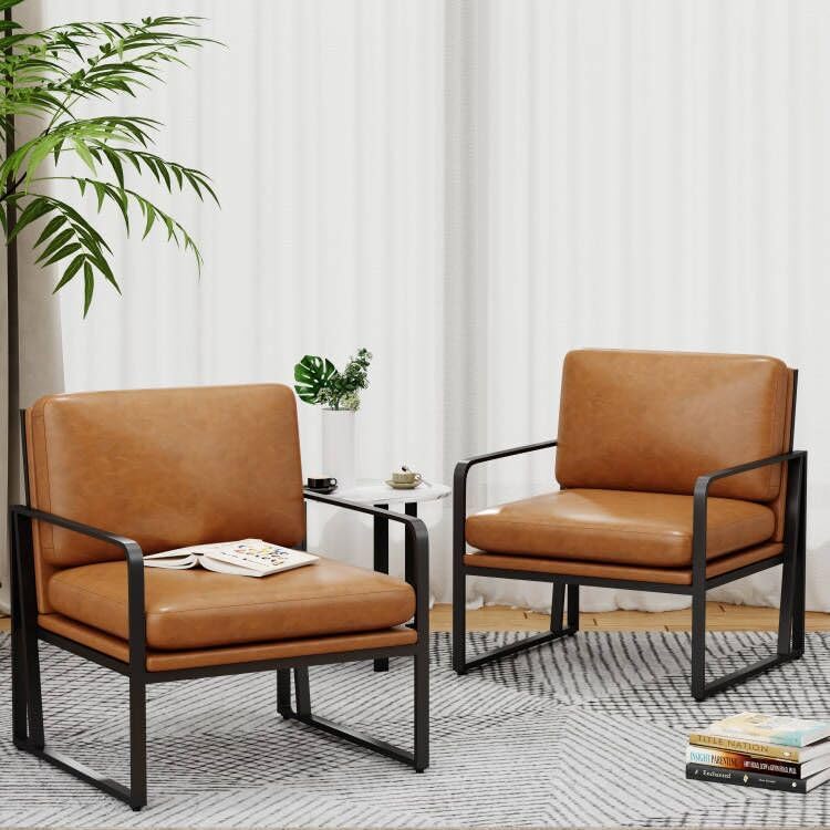 Set of 2 Brown Faux Leather Armchairs with Metal Frame