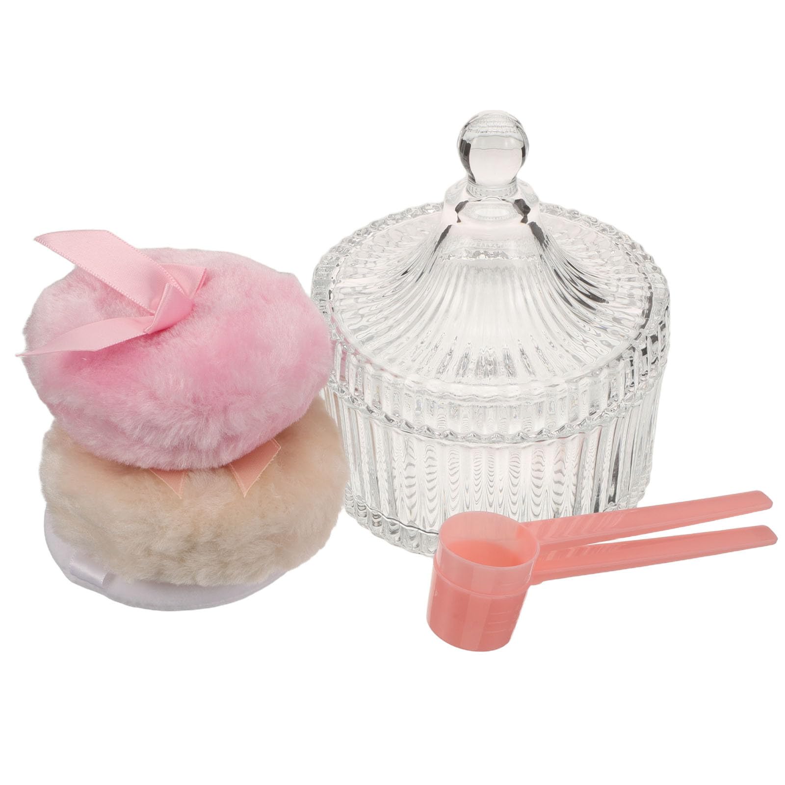 Lurrose 1 set composto da piumino grande per cipria e contenitore con applicatore a paletta, piumino con manico in morbido nastro e barattolo organizer in vetro per un'applicazione delicata sul