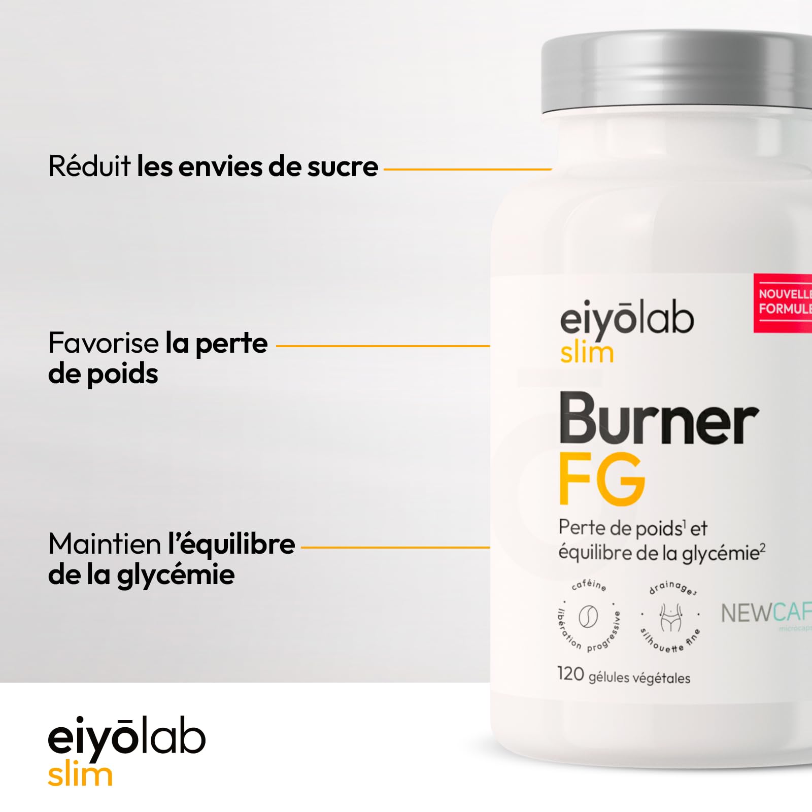 BURNER FG | Brûleur de Graisse Puissant Spécial Femme | Caféine NewCaff | Detox Anti-Cellulite | L-Carnitine + Thé Vert + Griffonia + Tryptophane + Guarana | 120 Gélules Vegan | Eiyolab