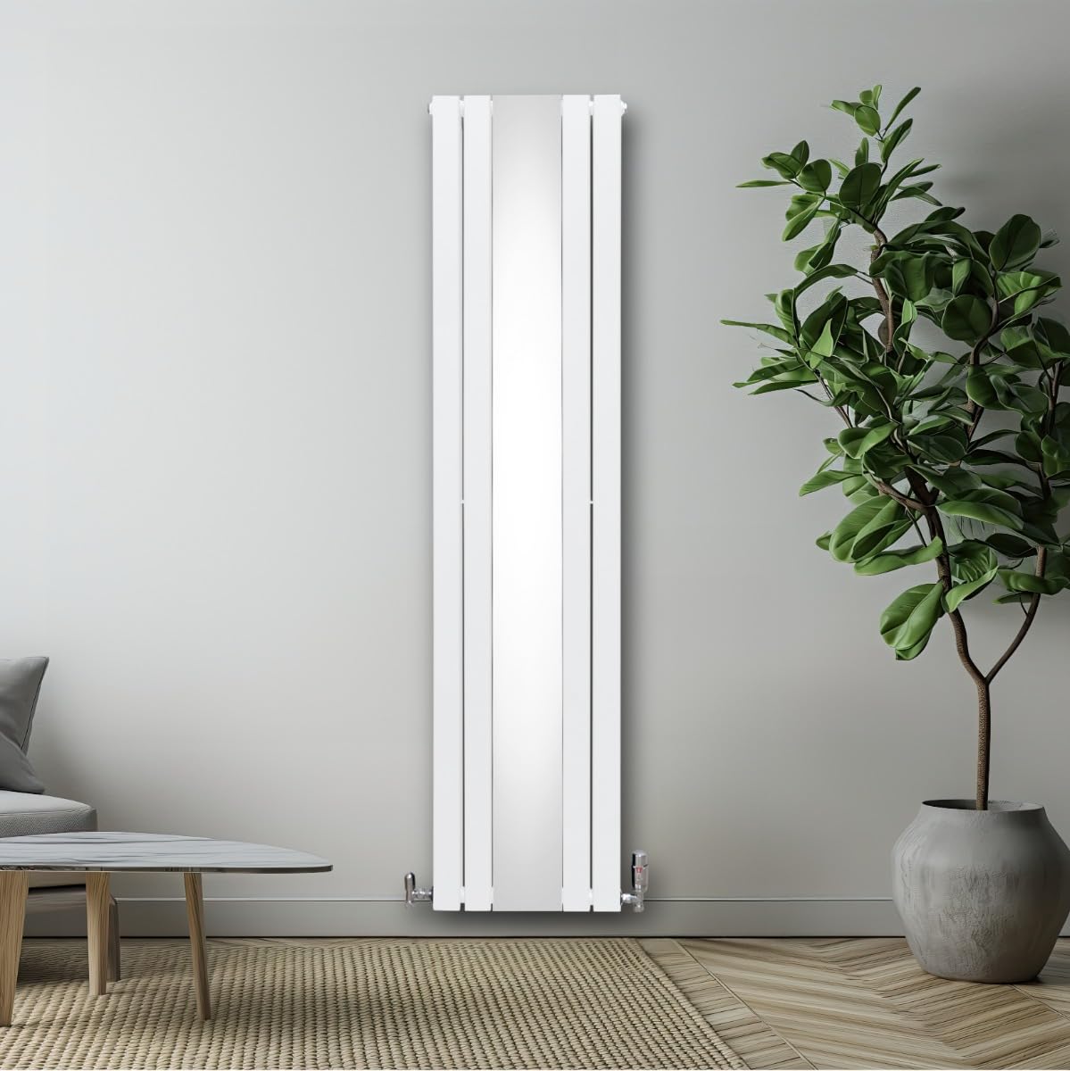 Radiatore con specchio 1800mm x 425mm e valvole TRV cromate Radiatore di design a doppia colonna verticale in acciaio al carbonio Bianco Kit di fissaggio e staffe con spazzola di pulizia