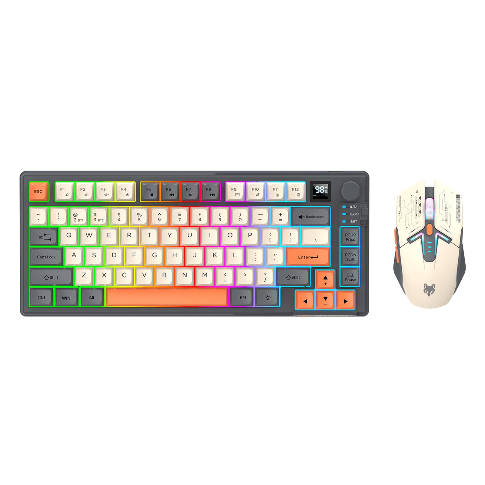 Tastiera e Mouse Wireless Combo con Controllo Volume Doppia Modalità 80 Tasti Schermo Display Colore Luce Ricaricabile Mouse DPI Regolabile per Gaming Computer PC