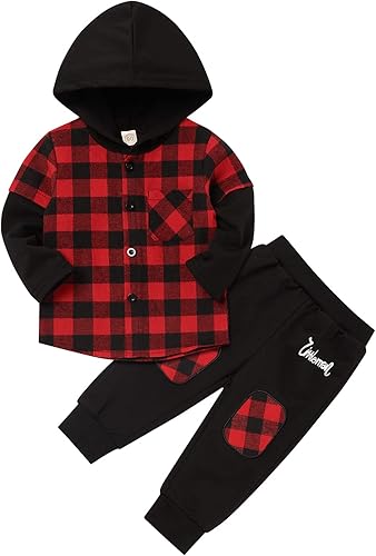 Fuermos Conjunto para niño pequeño - Sudadera y pantalones a cuadros con capucha - Ropa de otoño