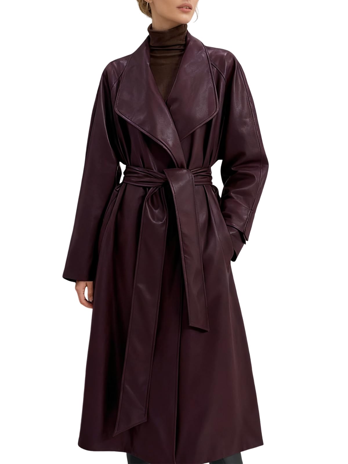 utcoco Womens Faux Leather Classic Lapel Trench Coat Long Leather Blazer Jackets Open Front with Belt