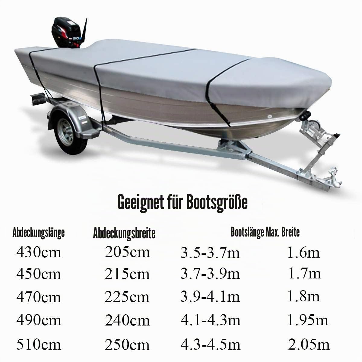 EALLEN Bootsplane,Bootspersenning 210D Heavy Duty Grey Open Boat Persenning Trailerable Fishing Ski Runabout wasserdichte Anti-UV V-Hull Marine Canvas Cover 3.5-4.5M(430x205cm)