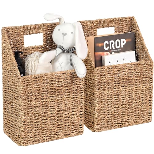 Wicker Hanging Storage Baskets (10.5"Lx6.5"Wx13"H), Set of 2 Wall Basket, Seagrass Basket, Wall Decor Baskets, Seagrass Woven Hanging for Organizing Files, Mails, Books, Accessories