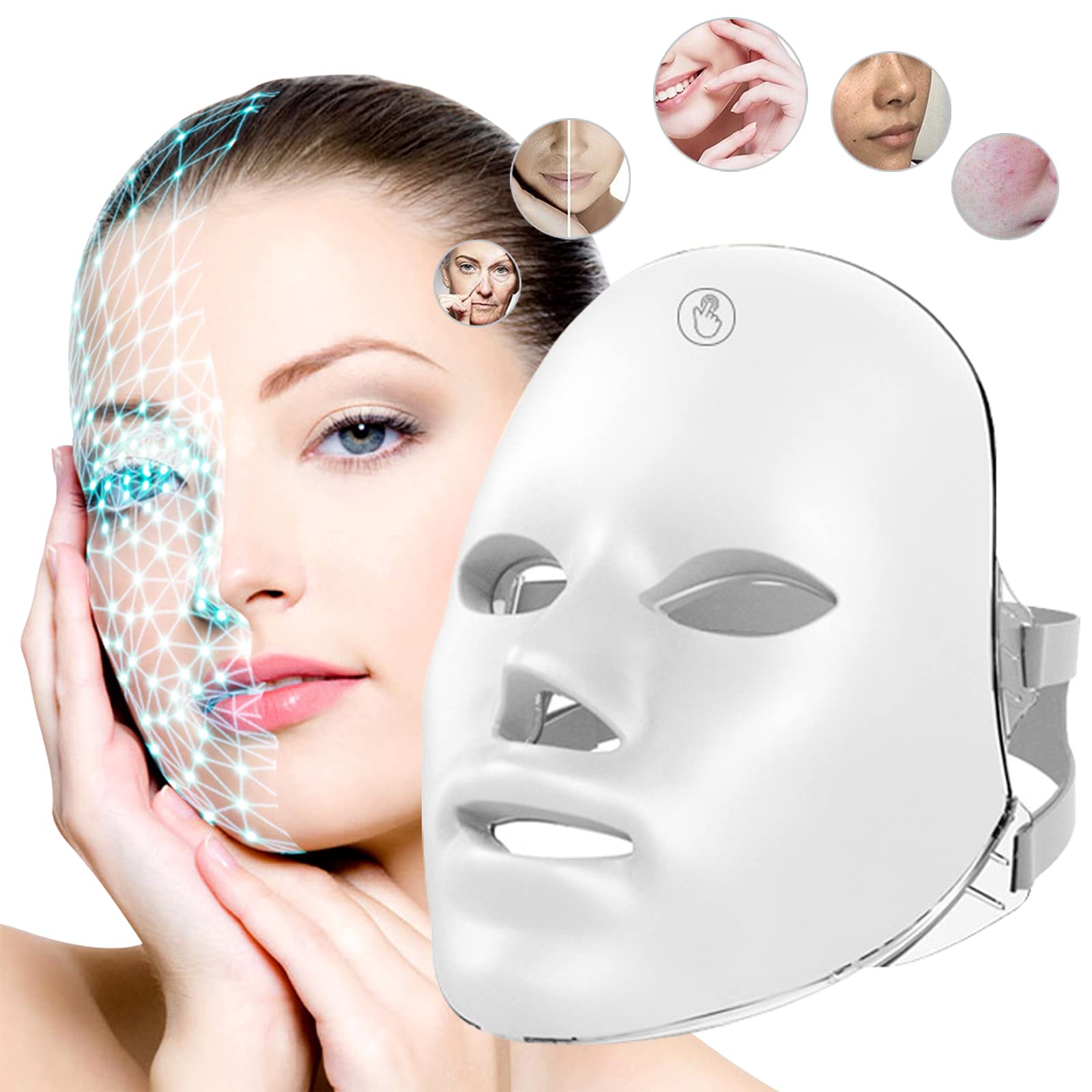 Maschera viso a LED con 7 colori per terapia della luce, maschera viso a LED per ringiovanimento della pelle, trattamento della pelle del viso contro l'acne, rughe e anti-invecchiamento, per casa e