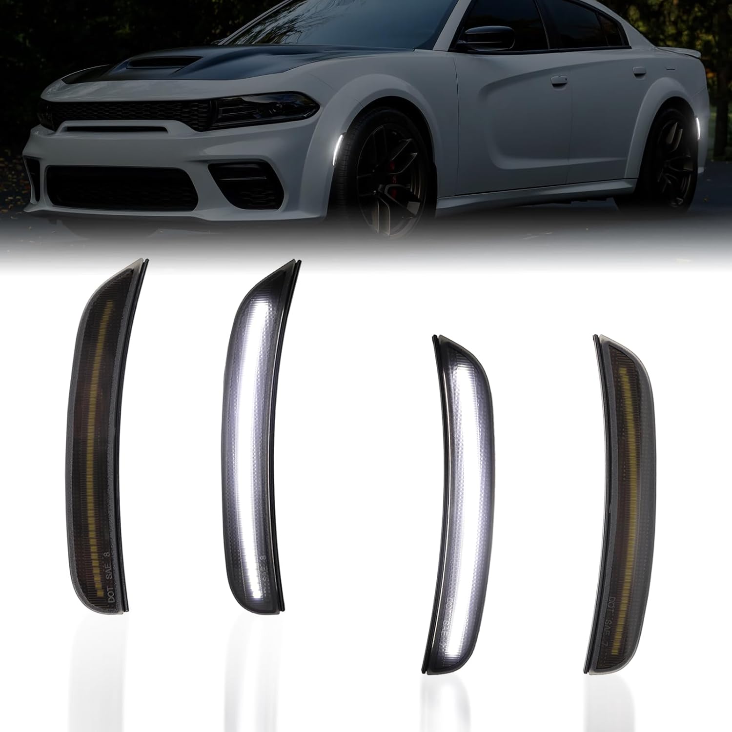 LED Side Marker Light Compatible with Dodge Charger 2015-2023 Front Rear Bumper Lights, Smoked Lens White Side Marker Lamp Kit 4PCS