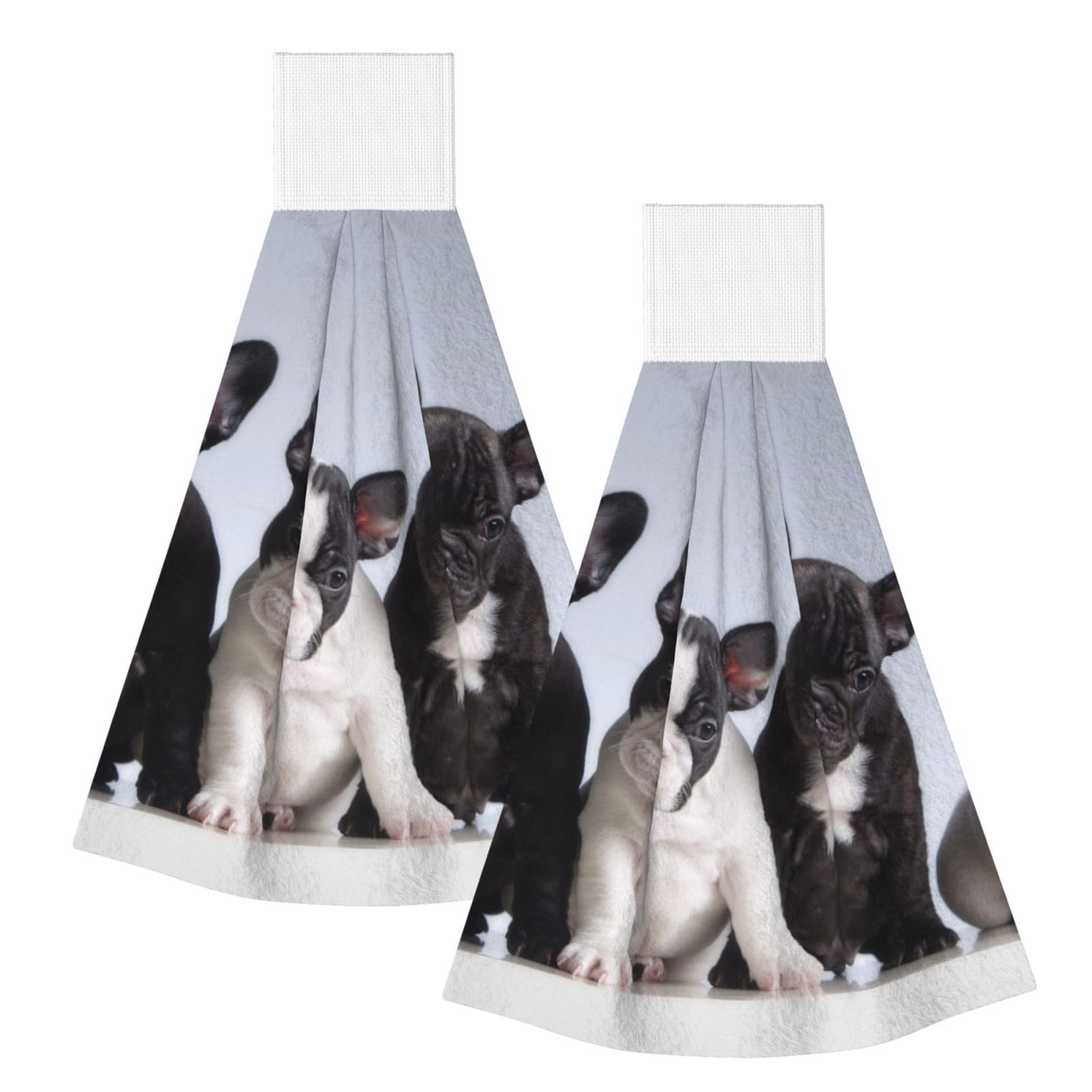 DOPKLNA Cute French Bulldog Puppies, 2 Pcs Hanging Coral Fiber Hand Towels for Bathroom, Absorbent Kitchen Towels