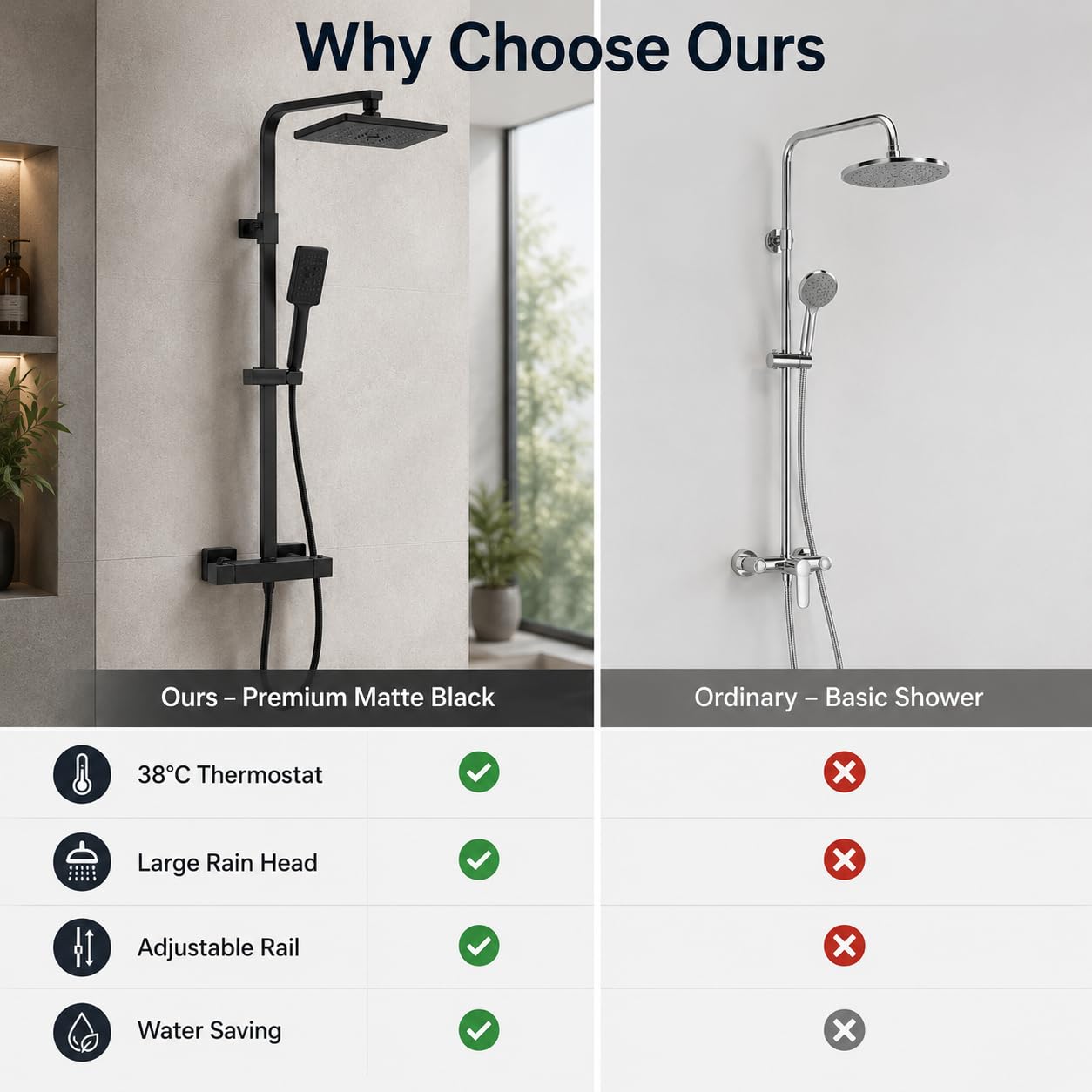 Columna de ducha termostática negra, conjunto de ducha de lluvia con mezclador termostático, ducha de mano y barra ajustable, sistema de ducha de pared para cuarto de baño hotel