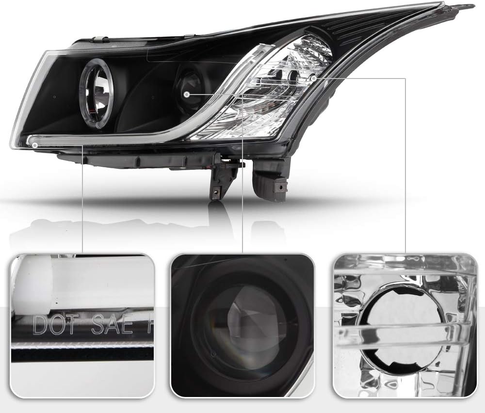 AKKON - For 2011-15 Chevy Cruze 16 Limited Sedan LED Daytime Running Lamp Strip Projector Headlights Black Housing Clear Lens Full Set