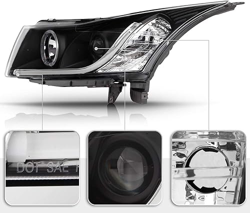 Miniatura 4 de ACANII - Para Chevy Cruze 2011-2016 Tubo LED DRL Halo Carcasa Negra Proyector Faros Faros Faros Delanteros, Conductor y Pasajero
