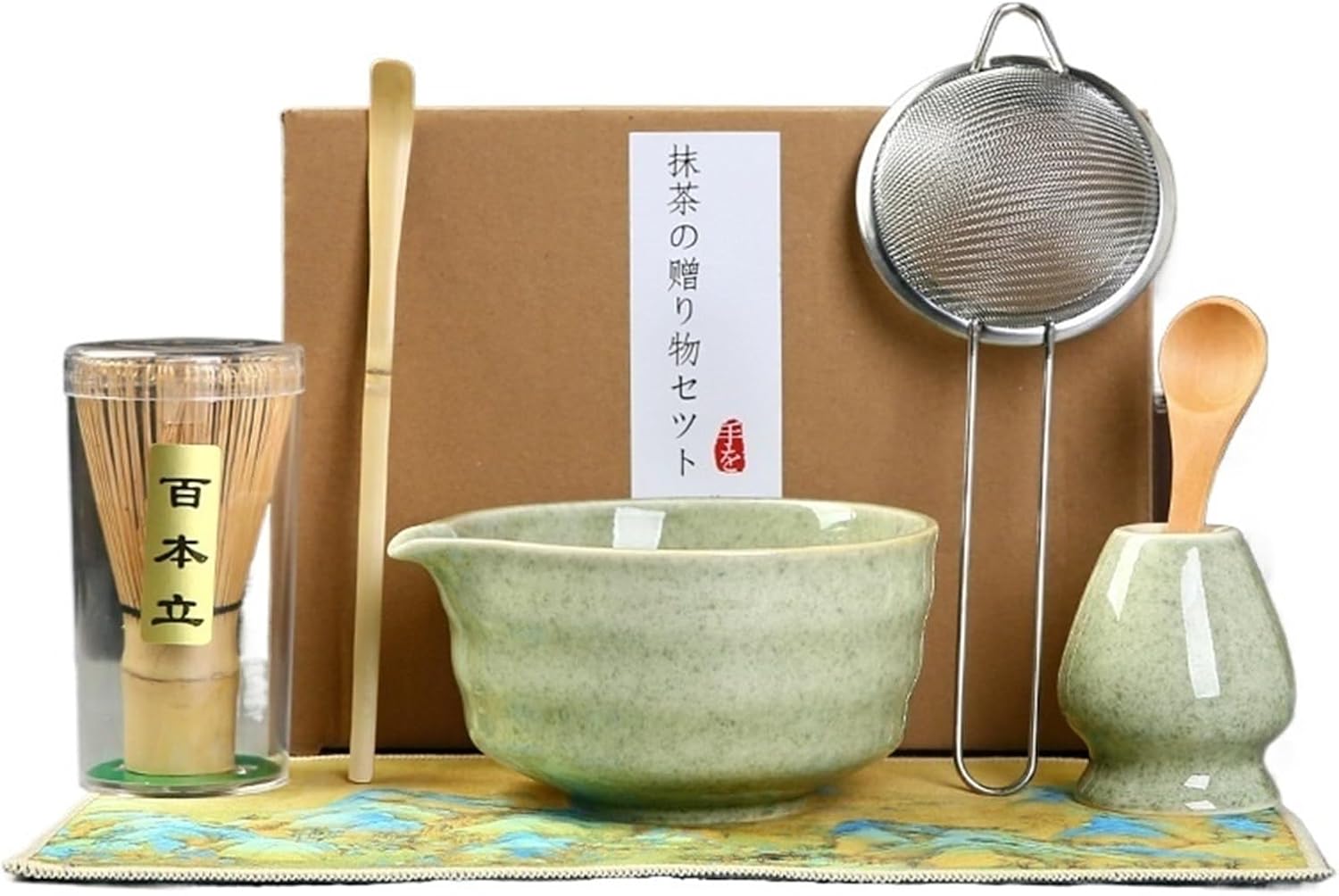 7pcs Traditional Bamboo Ceramic Matcha Tea Set with Spout Reusable Matcha Set Food Grade Safe Match Bowl Stirring(7pcs-MGN)