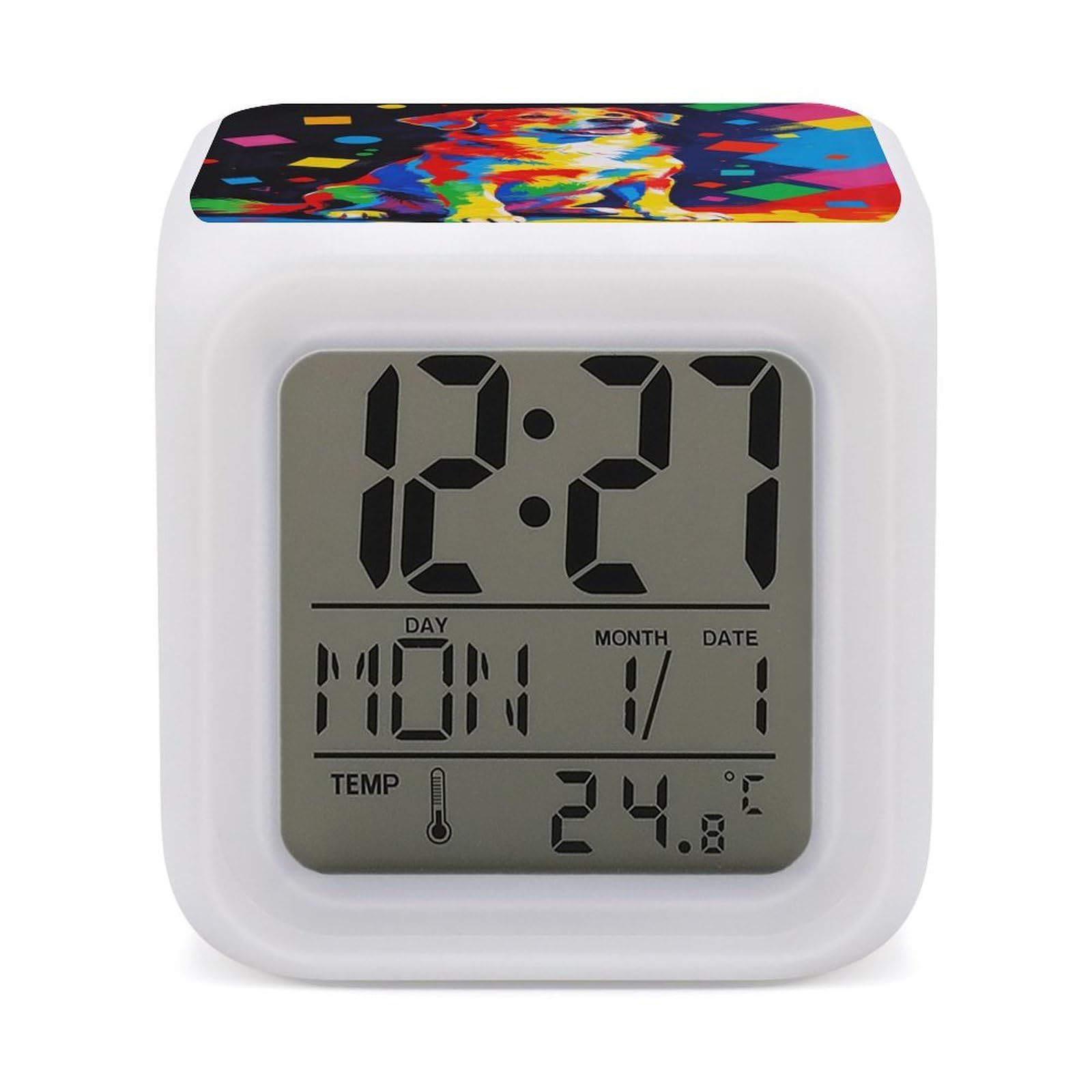 LZQPOEAS Colorful Dog Alarm Clock with 7 Color Changing Nightlight for Bedroom Calendar Temperature Display Wake Up Digital Clock Small Desk Clocks for Heavy Sleepers Adults