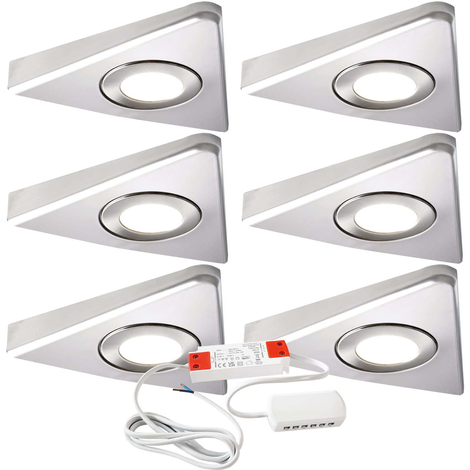 Loops Brushed Nickel Bezel Modern Triangle Under Cabinet Kitchen Light & Driver Kit – Smooth Diffused Led – Slim Pyramid Worktop Light – Low Profile Surface Mounted (1X Light & Driver, Warm White Led, )
