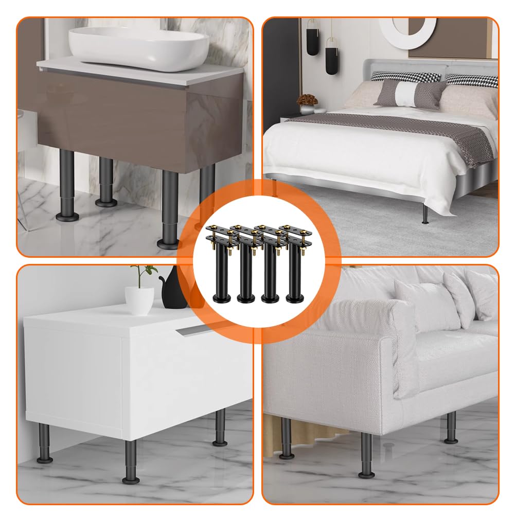 Lot de 4 Pieds de lit réglables en Hauteur de 15 à 25 cm - Pieds de Support Moyens Robustes pour Cadre de lit - Kit de renforcement pour sommier à Lattes