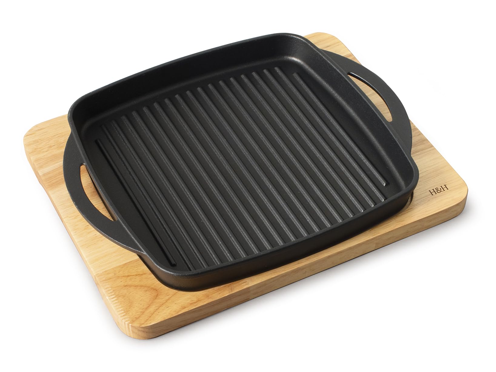 H&H Piastra da Portata in Ghisa Rigata 27 cm con Sottopiatto in Legno Chiaro, Riscaldabile in Forno, Compatibile con Induzione, Vetroceramica e Tutti i Piani Cottura