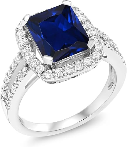 Miniatura 3 de Gem Stone King Anillo de compromiso de plata de ley 925 con zafiro simulado azul para mujer (4.62 unidades, corte esmeralda de 0.394 x 0.315in,