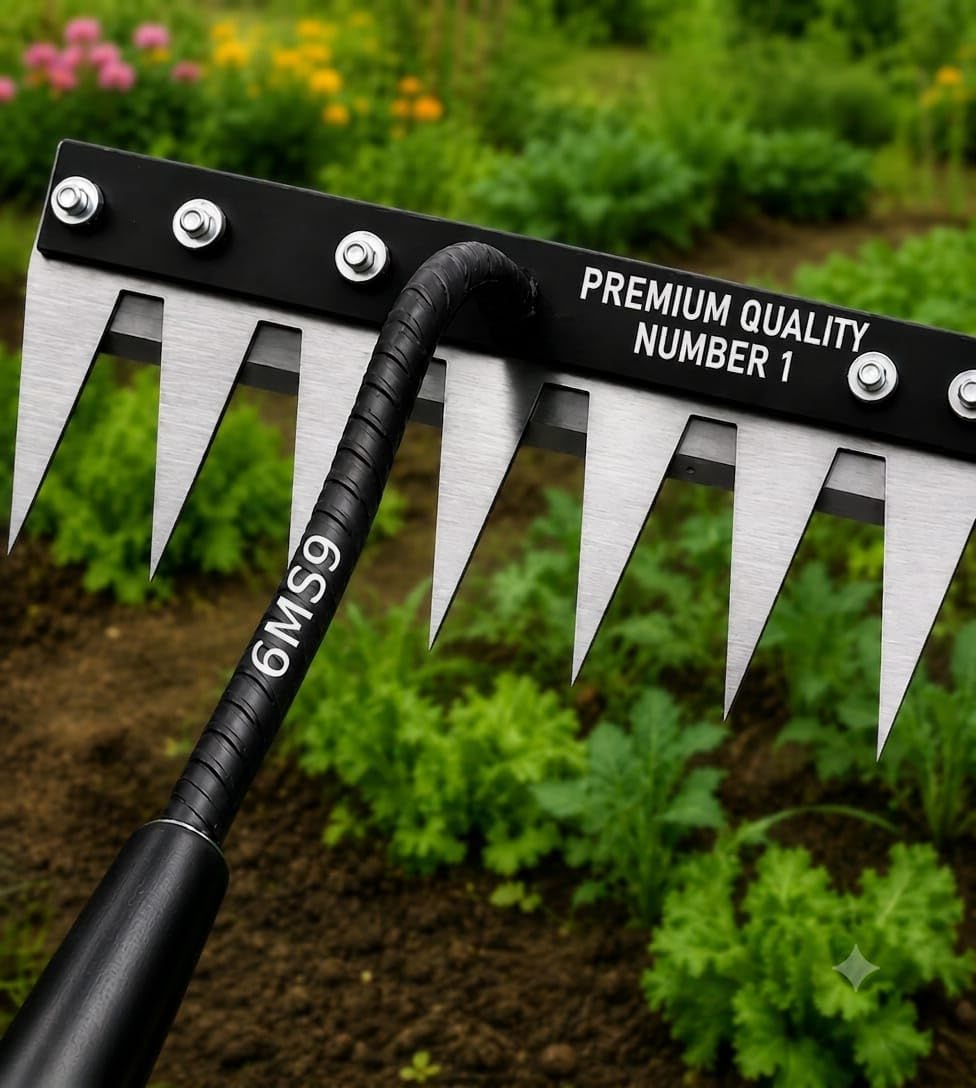 indian best choice 6ms9 rake attachment 6 teeth | rust resistant metal, universal pole clamp, loosen & level soil, compact storage, handle not included