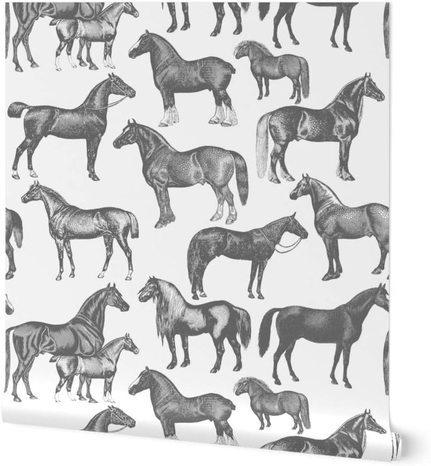 Spoonflower Commercial Grade Wallpaper 27ft x 2ft - Victorian Horses Large Print Black White Vintage Style Pony Equestrian Traditional Wallpaper