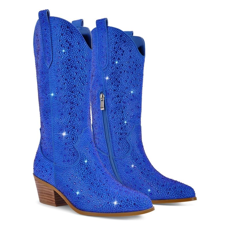 Image of Richealnana Sparkly Rhinestones Cowboy Cowgirl Style Boots Calf High Boots for Women 2INCH Heeled Shining Pull On Tabs
