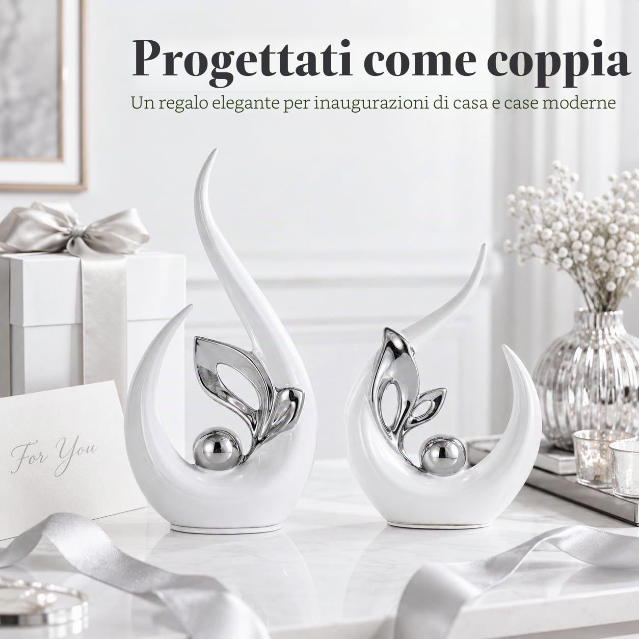 XMGZQ Bianco e Argento Statua in Ceramica Set di 2,Scultura Moderna,Ornamenti Astratta,Oggetto Decorativo,Decorazioni della Tavola per il Soggiorno Sala da Pranzo Bedroon Office Centrotavola