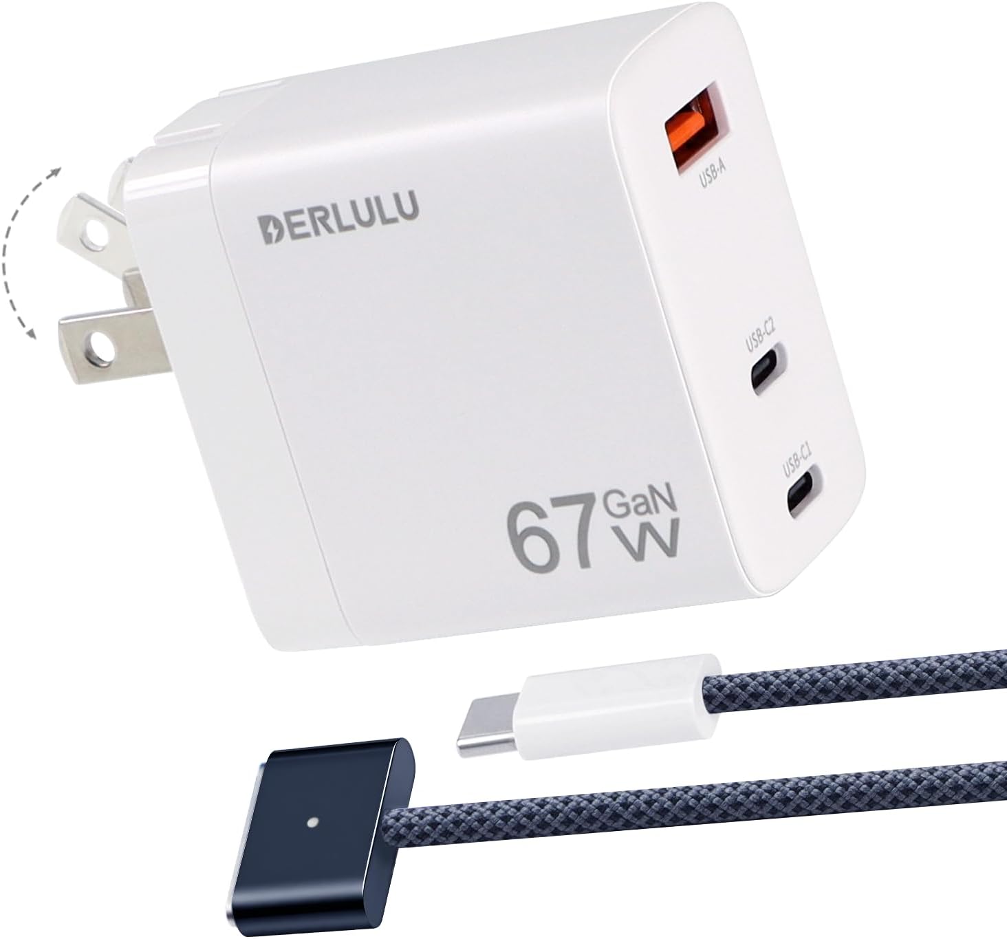 DERLULU 67W USB-C Charger for MacBook Air 13/15", GaN Fast Charging Adapter with Magnetic Cable 5ft (1.5m), 2C1A Compact for MacBook, iPad, iPhone
