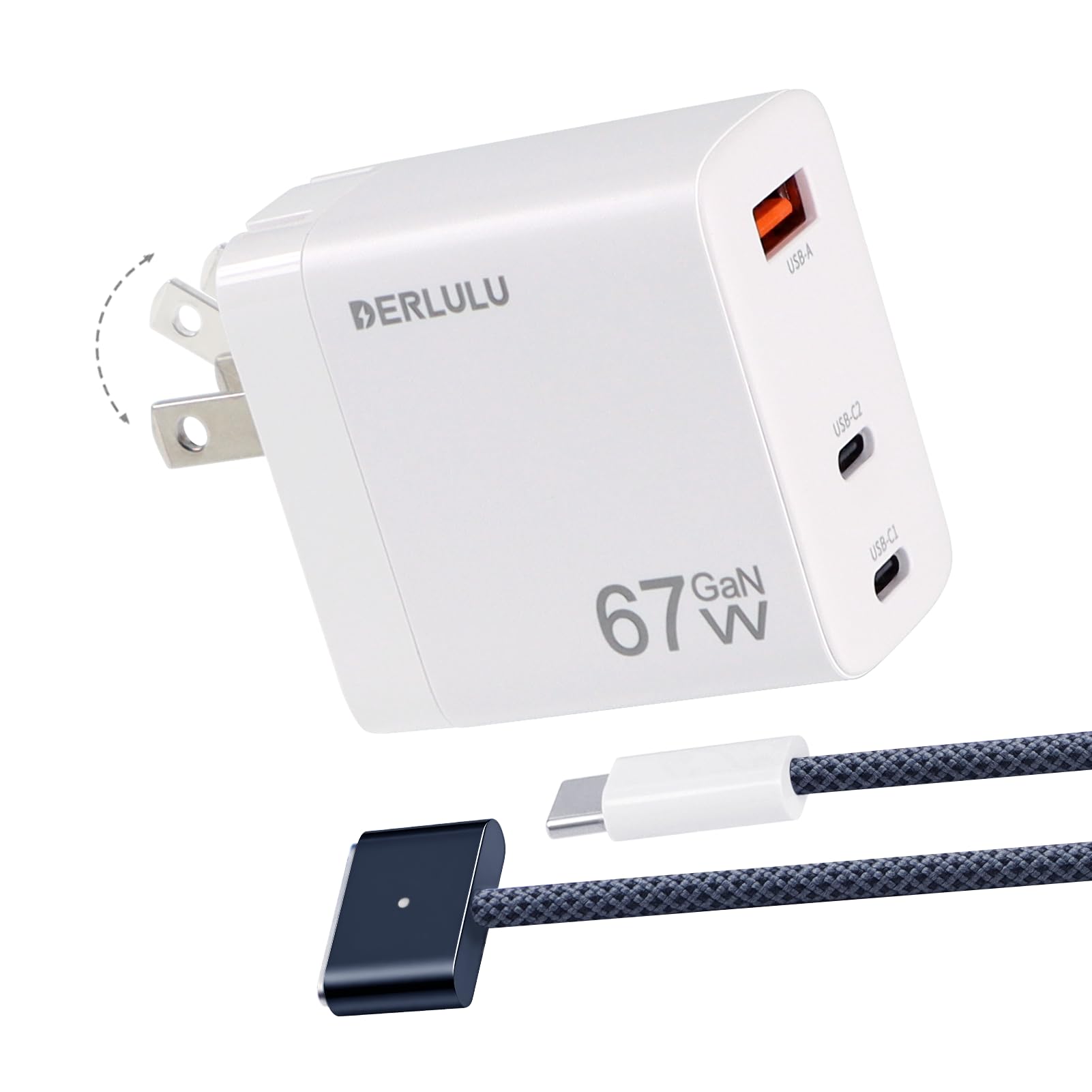 DERLULU GaN - Caricatore USB-C da 67 W per MacBook Air 13/15", adattatore di ricarica rapida con cavo magnetico da 1,5 m, compatto 2C1A per MacBook, iPad, iPhone