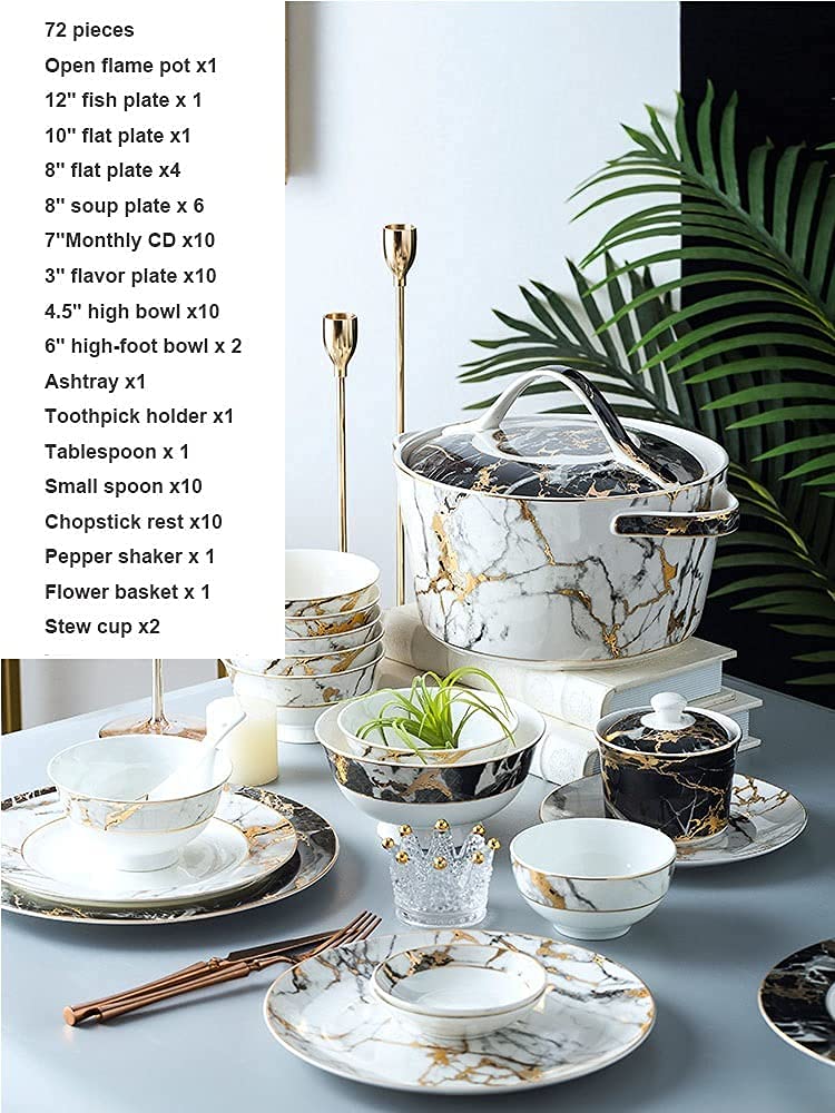 Vajilla Elegante para Restaurante y Hogar de Lujo, 72 Piezas Vajilla de Porcelana de Mármol Phnom Penh, Cuencos, Platos, Vajilla de Porcelana Fina, Servicio para 10 Utensilios de Cocina